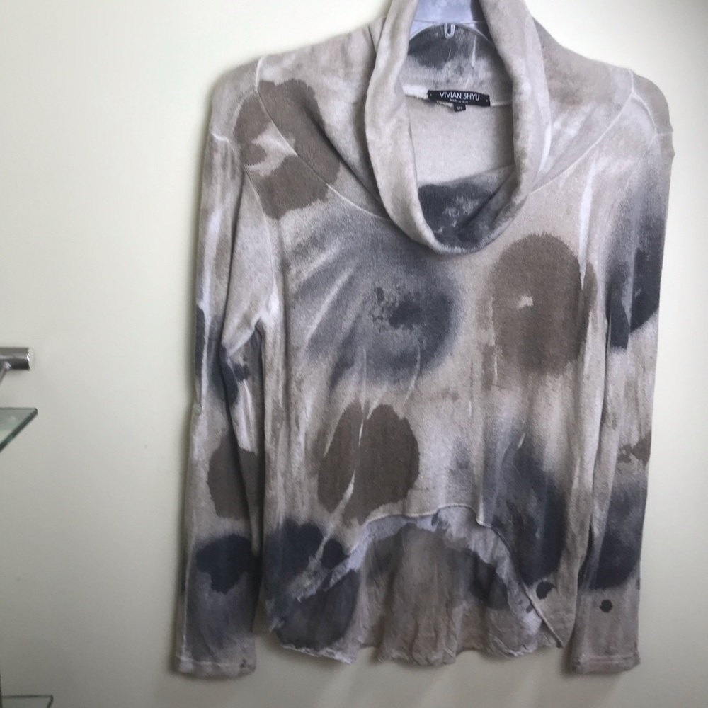 VIVIAN SHYU Mock Neck Knit Sweater Print Hi Low Silky Fabric Detail Roll-up Slv
